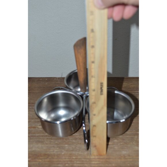 Vintage MCM Condiment Server Serving Set Walnut Stainless Steel Caddy Dish - Picture 9 of 9